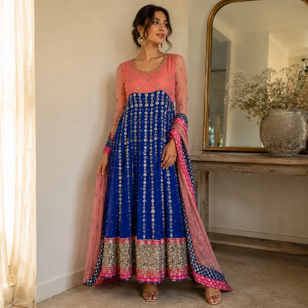 Handmade Women Anarkali Dress Scarf Set Blue Pink Embroidered Sequin Formal
